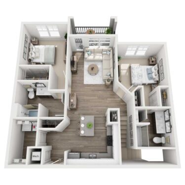 Rendering of the B1-G floor plan with 2 bedroom[s] and 2 bathroom[s] at Westshore Marina